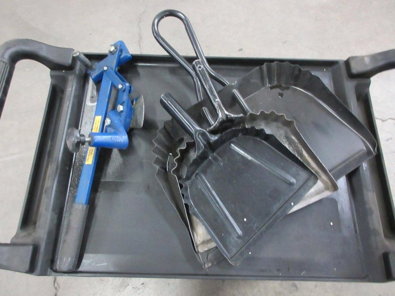Rubbermaid Shop Cart, 3 Shelves with Dust Pans, Plumbing Fittings and More- Auction Item