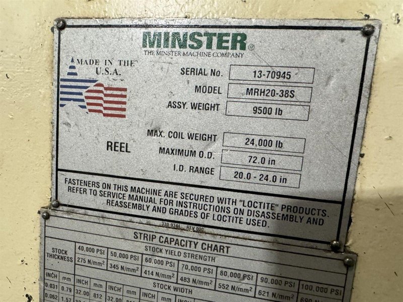 24,000 lbs. x 32&quot; Width Minster Coil Reel and Minster Powered Straightener,  Model#MRH20-38S &amp; MSH30-32-7, Year 2007