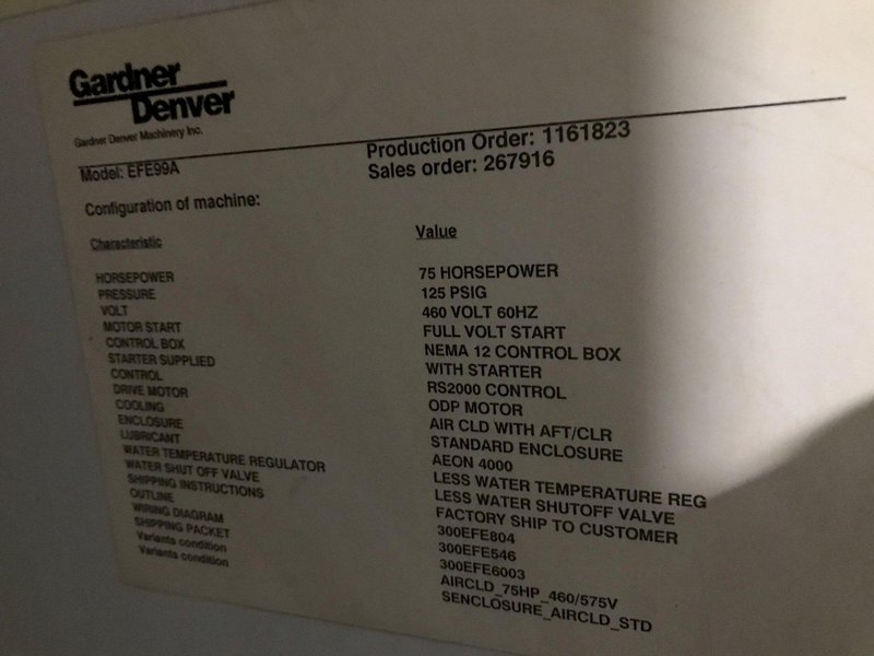 Gardner Denver Used EFE99A Air Cooled Compressor with Dryer, 75hp, 460V