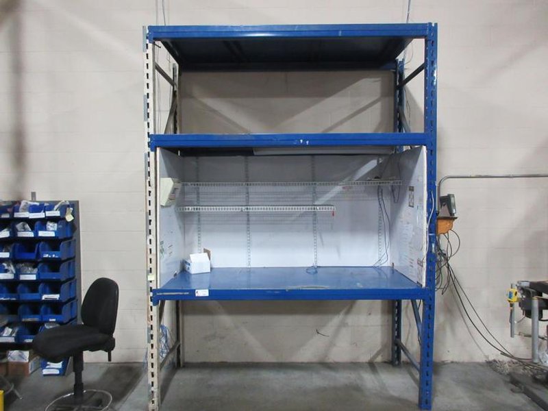 Pallet Rack Shipping Desk Unit, Tab and Slot Style, (2) Uprights 120" x 36", (3) 7' Shelves, with Added Shelving and Overhead Light- Auction Item
