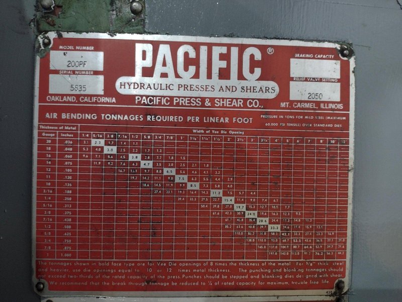 200 TON PACIFIC MODEL #200PF PRESSFORMER HYDRAULIC PRESS: STOCK #19201