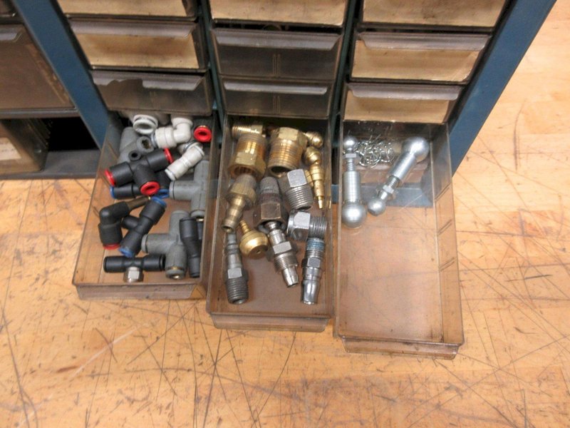 Multibin Organizers with Contents of Brass Fittings, and SAE Nuts- Auction Item