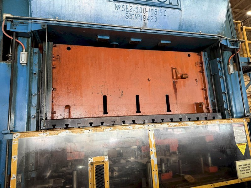 500 TON VERSON S2-500-108-60T STRAIGHT SIDE DOUBLE CRANK PRESS. STOCK # 0329626
