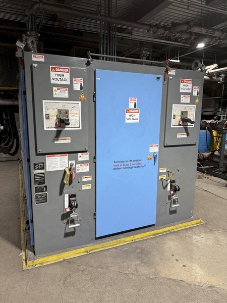 2021 Inductotherm melt system with 2- traveling charge feeders with scales, Inductotherm type 3000 DT-2 ACF-2 3000 kw power supply rated at 300 h. s/n 21H-381478-246-11 interconnecting buss and cables, 2- 4metric steel shell furnaces with stands, hydraulic system , water system with twin 50hp pumps, 2021 Emsco model Hypro 25 stainless steel heat exchanger , related piping, controls, remote operators stand, related controls, lining pushout, Sonmez incoming power transformer type HTYAA3KH-326623 s/n 15729 rated at 3260-4025 KVA, 12,470 volt primary volts, 2x575 secondary volts, spare incoming transformer same as above s/n 15364