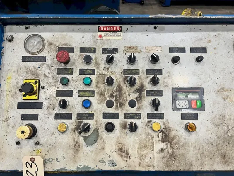 USED HYD-MECH MODEL S-35P SEMI-AUTOMATIC HORIZONTAL MITERING BANDSAW COMPLETE WITH 90' OF POWERED ROLLER CONVEYOR, Year: 1997