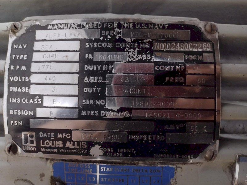 40 HP X 4,100 RPM DE-LAVAL MODEL #B214A CENTRIFUGAL PURIFIER &amp; SEPERATOR: STOCK #20207