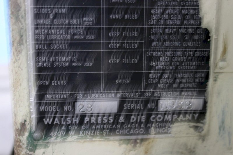 28 TON WALSH MODEL #28 FLYWHEEL OBI PRESS: STOCK #75616