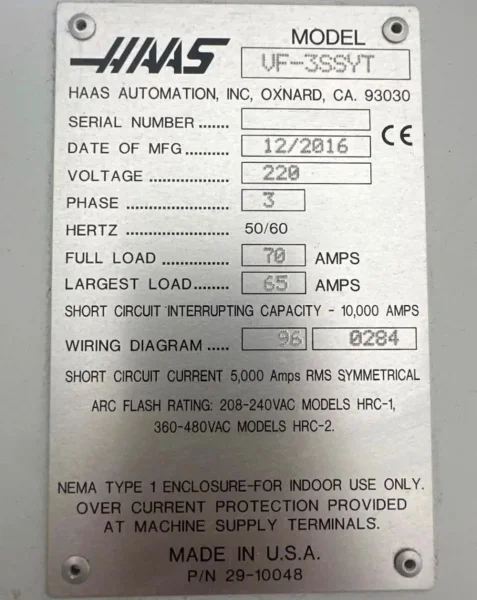 Haas VF-3SSYT CNC Vertical Machining Center – 12,000 RPM, Y Axis Extended Travel Mill