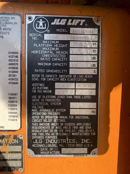 35&#039; JLG MODEL #35 ARTICULATING ELECTRIC MANLIFT: STOCK 13984