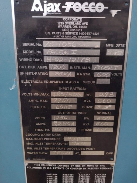 500 KW AJAX TOCCO (2015) PACER 1 INDUCTION HEATER SOURCE MACHINE: STOCK #14409