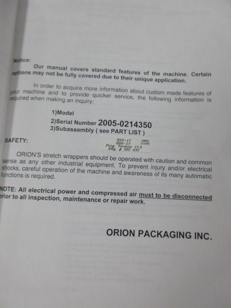 Orion Packaging Inc. Semi Automatic Shrink Wrapper and Pallet Scale, Max Load 55"x55"x82" 4000lbs Dynamic, 8000lb Static Capacity- Auction Item