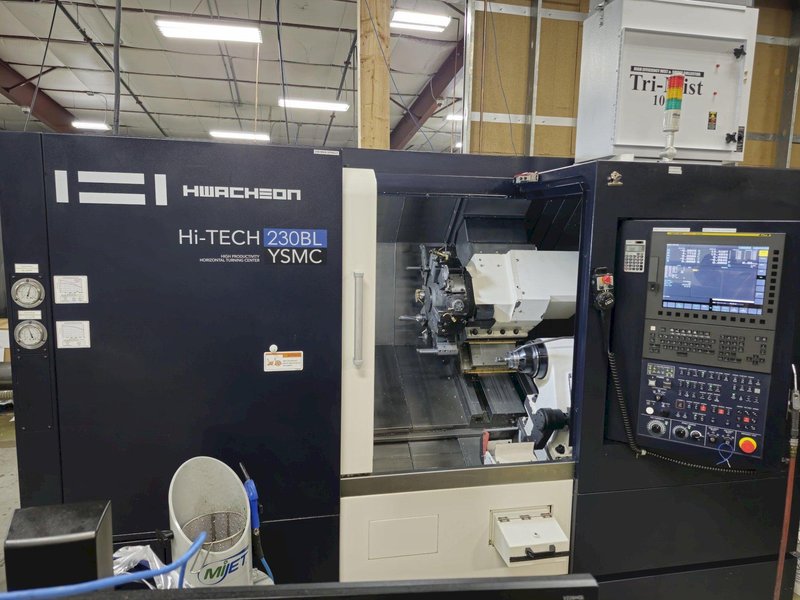 Hwacheon HI-TECH 230BL-YSMC CNC Turning Center, 3500 RPM, Live Tooling, 3-Jaw Chuck, 12 Pos. Turret, Fanuc, Imeca Bar Feeder, New 2021