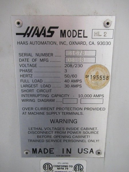 Haas HL-2 CNC Lathe Turning Center, 5C Closer, Programmable Tailstock, Chip Auger