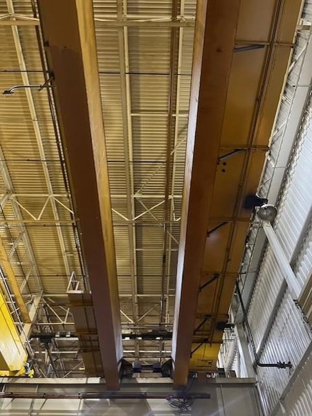30TON X 97' SHAW BOX DOUBLE GIRDER OVERHEAD BRIDGE CRANE WITH 30TON ROTARY COIL GRAB STOCK #4066