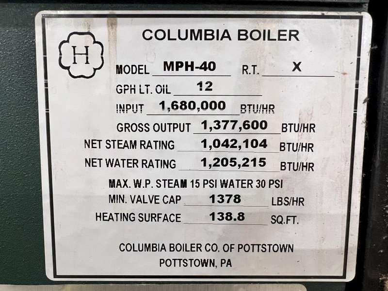 40 HP COLUMBIA MODEL MPH-40 GAS FIRED BOILER: STOCK #22542