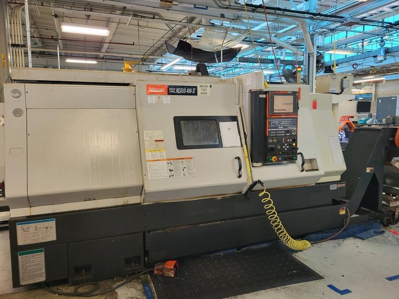 Mazak QTN 450-II CNC Turning Center 2006- Tool Setter, SMW Autoblok 19″ Chuck , 24 Station, Chip Conveyor