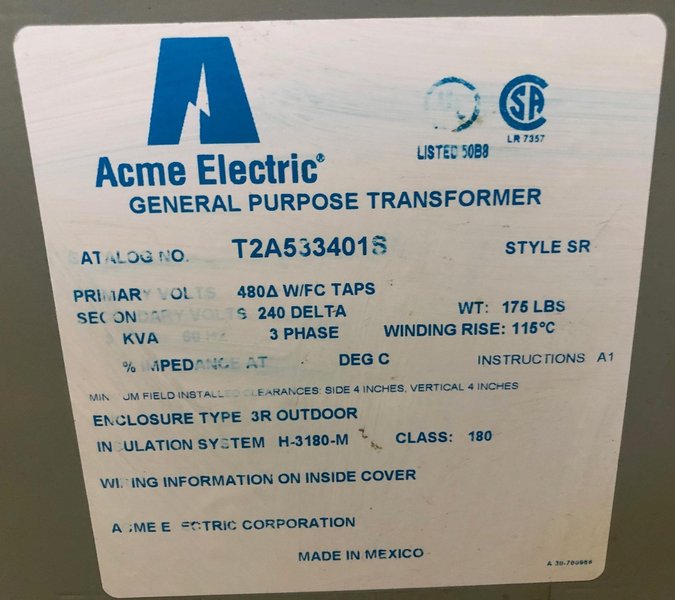 9 KVA Acme Transformer T2A533401S, 480/240, 3 Phase
