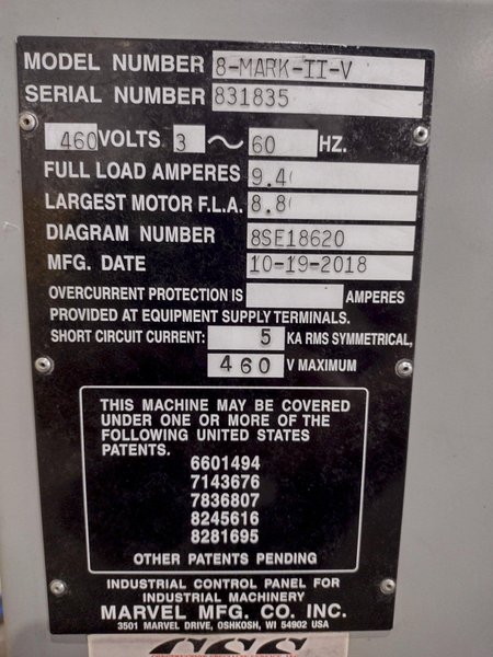 18" X 22" 2018 MARVEL AMADA SERIES 8 MARK II-V VERTICAL TILT FRAME BANDSAW: STOCK #23746