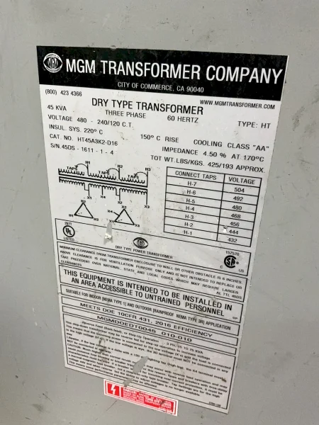 MGM TRANSFORMER CO 45 KVA TRANSFORMER  -  HT45A3K2-D16