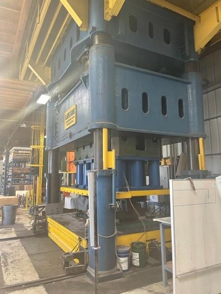 2100 Ton Lake Erie Hydraulic 4 Post Press, Double Action, 37" STR, 114" x 126" Rolling Bolster, Cushions, Updated &amp; Rebuilt in 2000