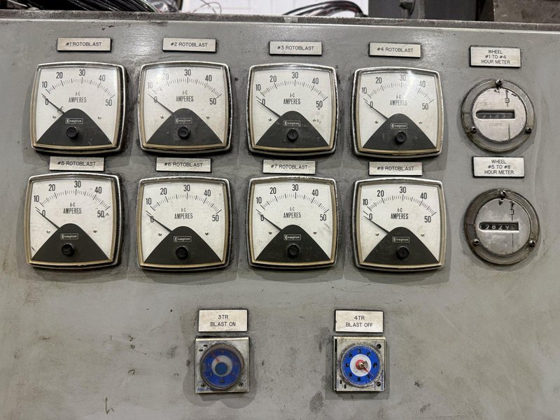 36" x 48" x 8 WHEEL PANGBORN ROTOBLAST PASS THROUGH HANGING CONVEYOR SHOT BLAST MACHINE: YOBRO #24717