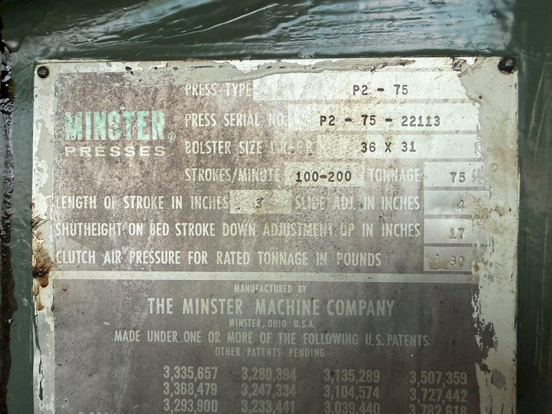 75 TON MINSTER MODEL P2-75 STRAIGHT SIDE PRESS, 3" STROKE: YOBRO #26206