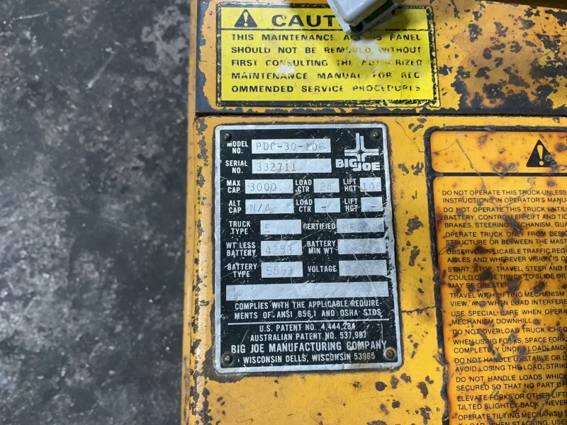 BIG JOE 3000 LBS ELECTRIC WALK BEHIND FORKLIFT  -  PDC-30-106