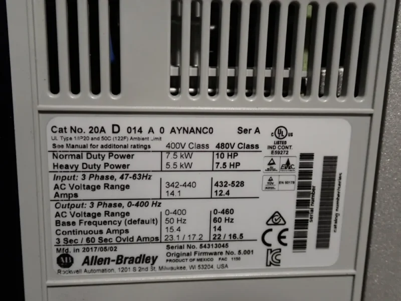 ALLEN BRADLEY 10 HP SERIES A POWERFLEX70  -  20AD014A0AYNANC0