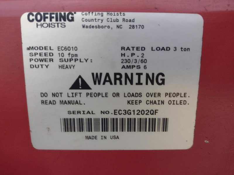 3 TON COFFING MODEL #EC6010 ELECTRIC CHAIN HOIST WITH TROLLEY: STOCK #23146