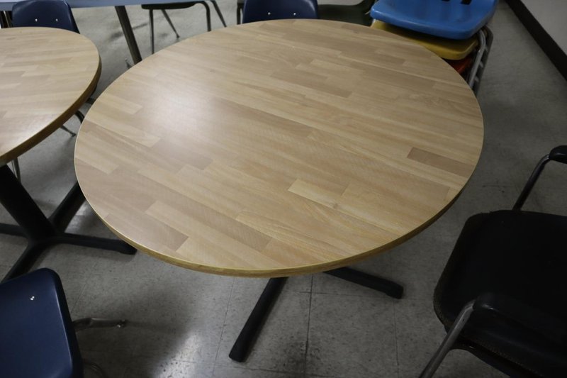 Lunch Room Tables (3) Round and 1 Rectangular with Steel and Plastic Chairs- Auction Item