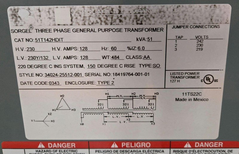 SQUARE D SORGEL 51T142HDIT 230V 51KVA TRANSFORMER USED
