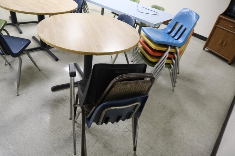 Lunch Room Tables (3) Round and 1 Rectangular with Steel and Plastic Chairs- Auction Item