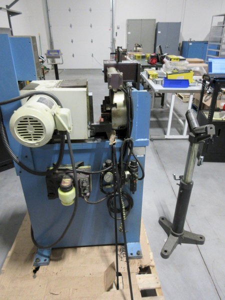 J.F. Berns Chamfering Machine - 3″ Round Cap, 2 HP, Air/Manual Chuck, 9.5&quot; 3-Jaw Chuck W/ Adjustable Height Roller Stand- Auction Item