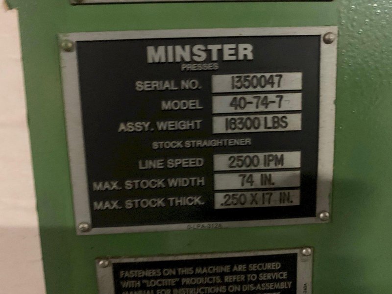 20,000# X 74&quot; X .125&quot; MINSTER Servo Feedline