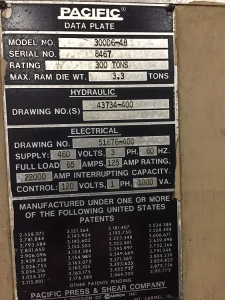 PACIFIC 300 TON HYD PRESS, s/n 8467, STOCK#  13901J