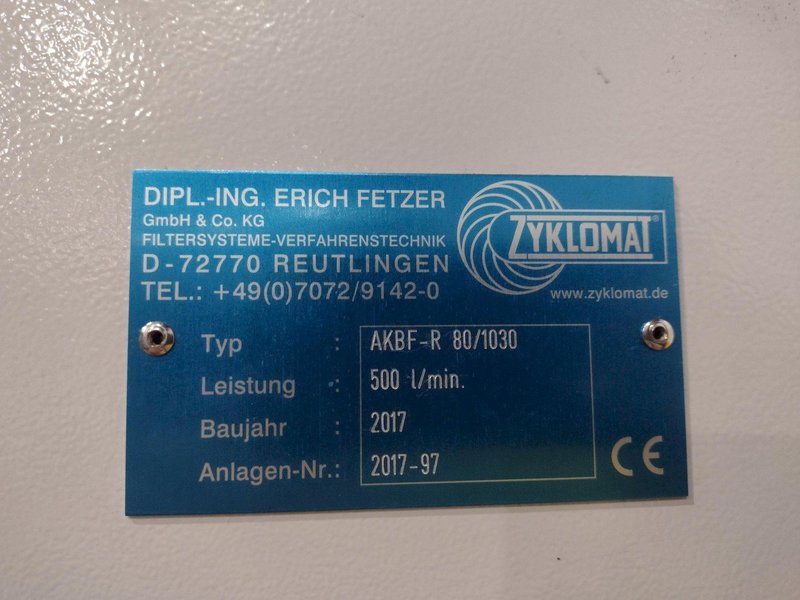 30 GPM ZYKLOMAT MODEL #AKBF-R CONTINUOUS COMPACT BELT FILTER, WITH TURBO-HKS CENTRIFUGE SEPERATOR: YOBRO #24734