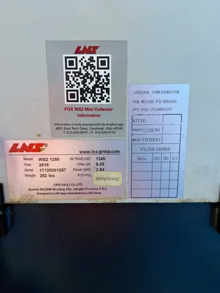 LNS 1248 CFM, 2.64 KW FOX WS2 MIST COLLECTOR  -  WS2 1250