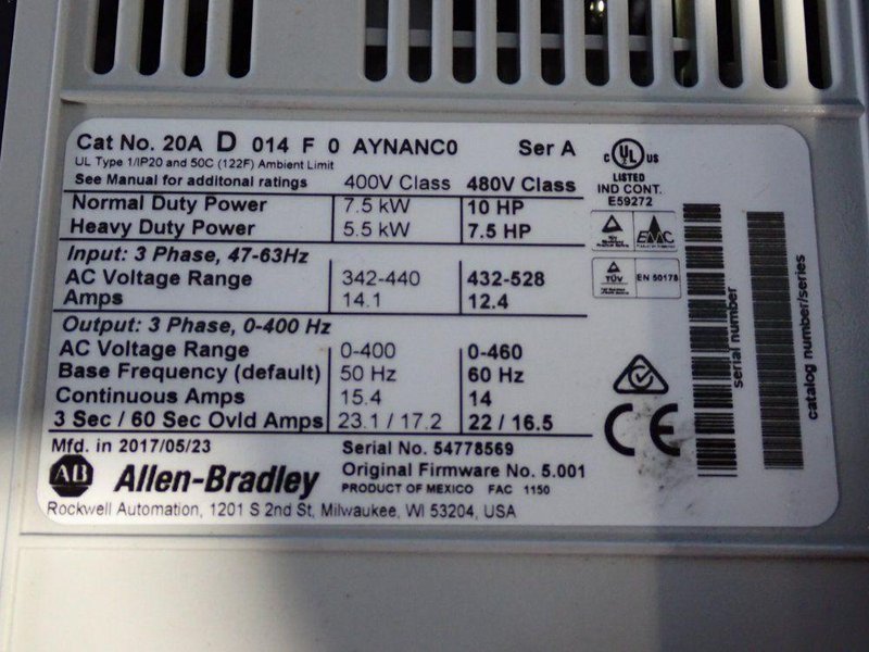 ALLEN BRADLEY 10 HP SERIES A POWERFLEX70  -  20AD014FA0YNANC0