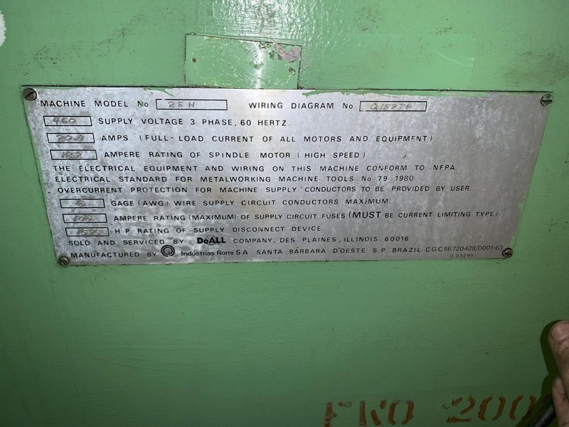 25&quot; X 120&quot; DOALL ROMI MODEL 25H GAP BED ENGINE LATHE W/ 4&quot; HOLE: STOCK #12892