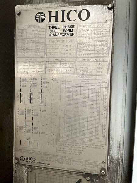 #5 cranker (not available now) HICO Three Phase Shell Form Transformer, Rated Capacity  81000/108000/135000 KVA, 345000 HV, 13800 XV, 13800 LV, Class ONAN/ONAF1/ONAF2