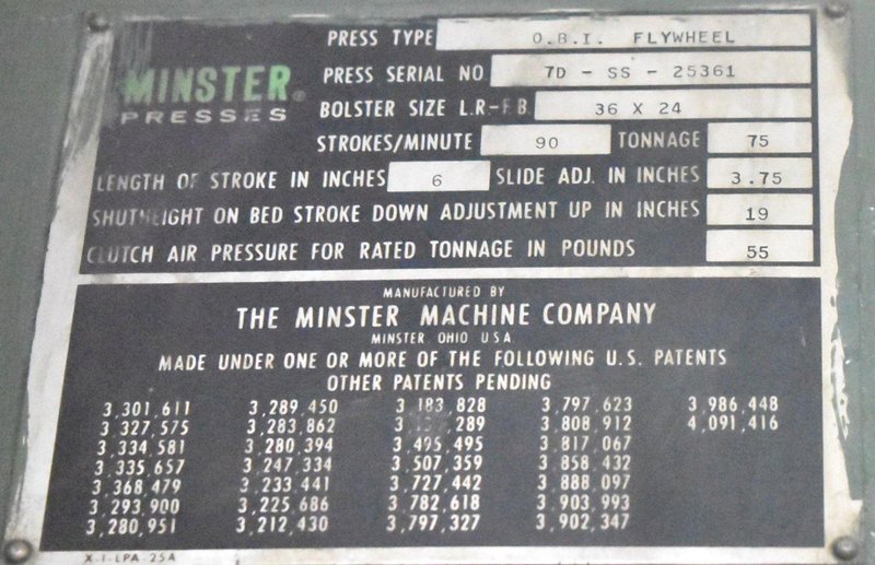 75 ton Minster #7D-SS Die-Namic Mechanical Metal Stamping OBI Single Crank Press For Sale, Year 1983