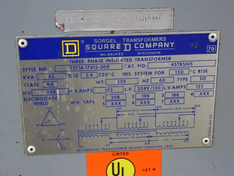 SQUARE D 45 KVA TRANSFORMER   -  45T85HIS
