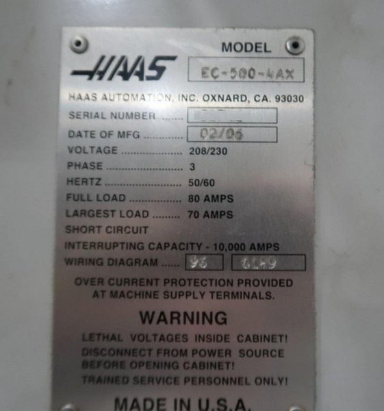 Haas EC-500-4AX CNC Horizontal Machining Center – TSC, 70 ATC, 12,000 RPM Mill