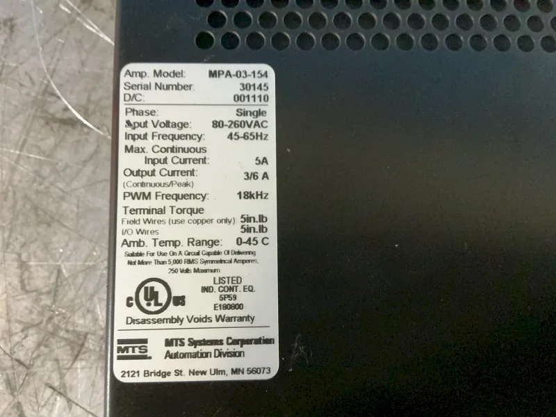 MTS SYSTEMS CORPORATION 5 AMPS SERVO AMPLIFIER  -  MPA-03-154