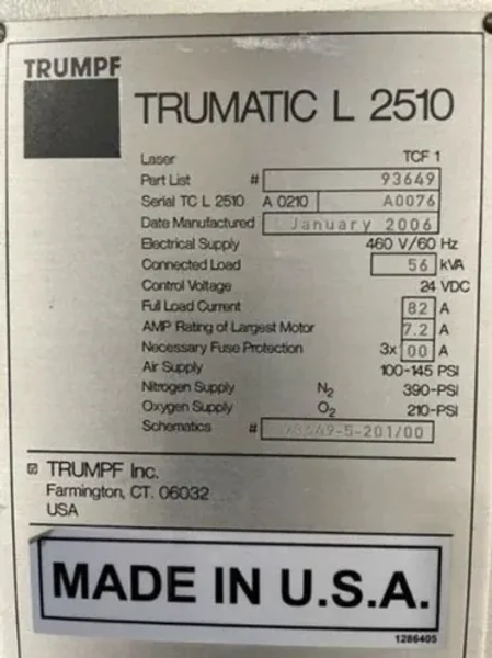 TRUMPF 2006 TRUMPF TRUMATIC L2510 C02 LASER  -  TRUMATIC L 2510