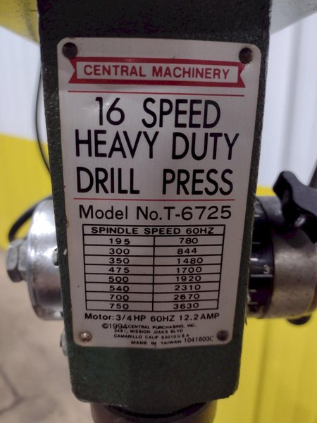 17" CENTRAL MACHINERY MODEL #T-6725 SINGLE SPINDLE DRILL PRESS: STOCK #20284