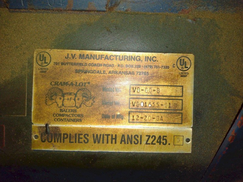60&quot; X 30&quot; JV MANUFACTURING MODEL #VB60-B HYDRAULIC DOWNSTROKE VERTICAL CARDBOARD BALER: STOCK #23605