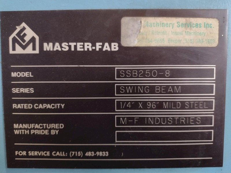 8&#039; x 1/4&quot; MASTER-FAB MODEL #SSB250-8 HYDRAULIC SHEAR: STOCK #18844