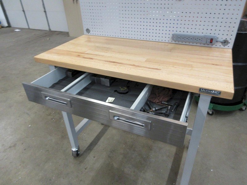 Portable Work Bench with Maple Top, Upper Shelf, Drawer, Work light- Auction Item