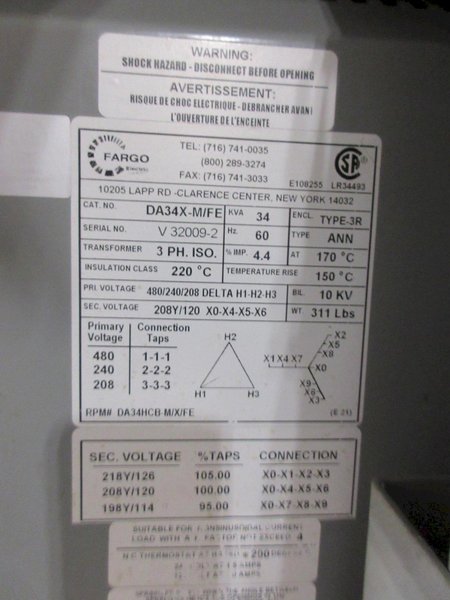 Fargo Electric 3 Phase Step Down Transformer, with MGC Surge Protection- Auction Item